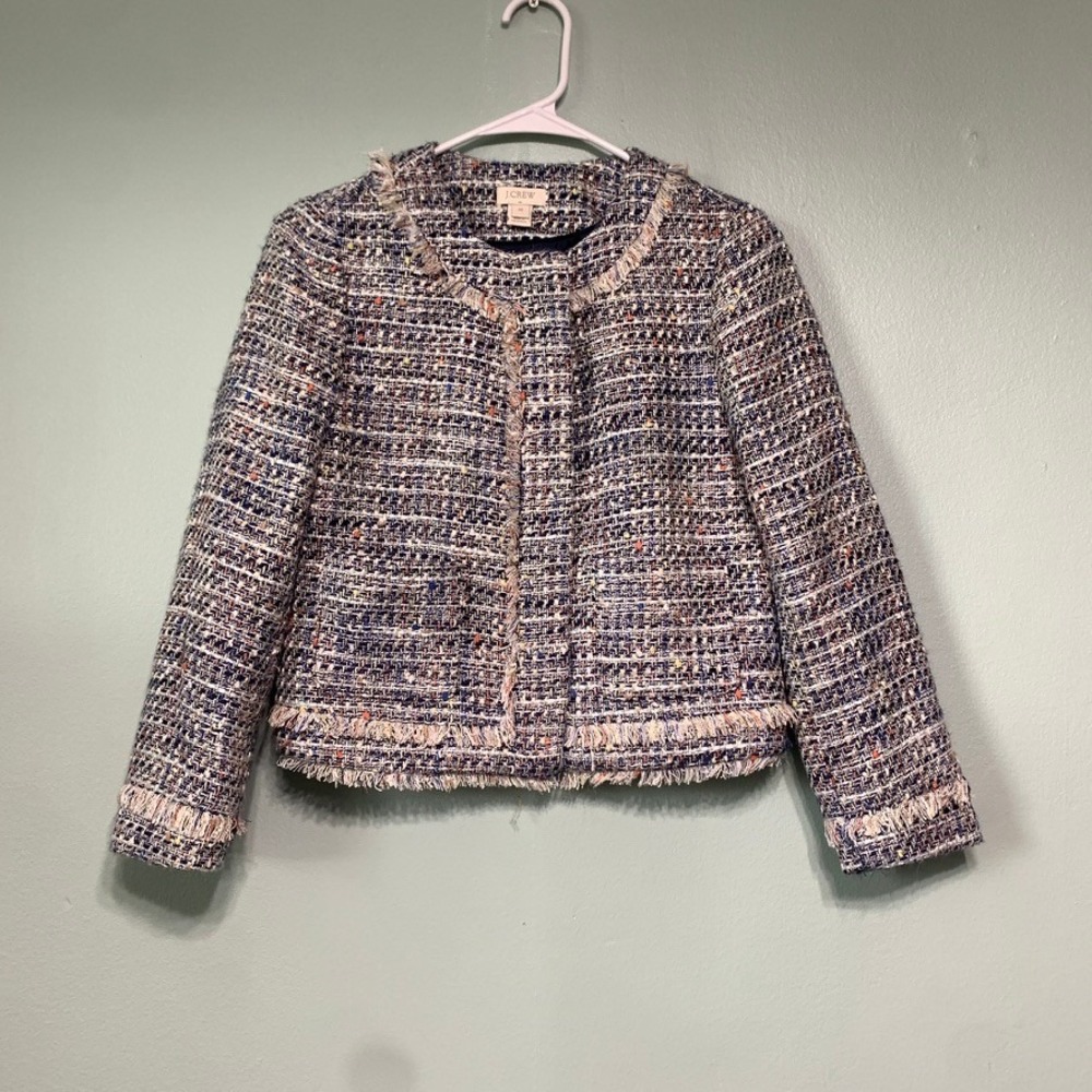 J.Crew Womens 00 Jacket Tweed Blue Multi-Color Fringe Trim Zip Front Blazer